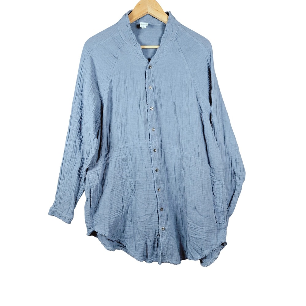 Flawless Blue Gauze Crinkle Button Up Shirt tunic Women's Size S